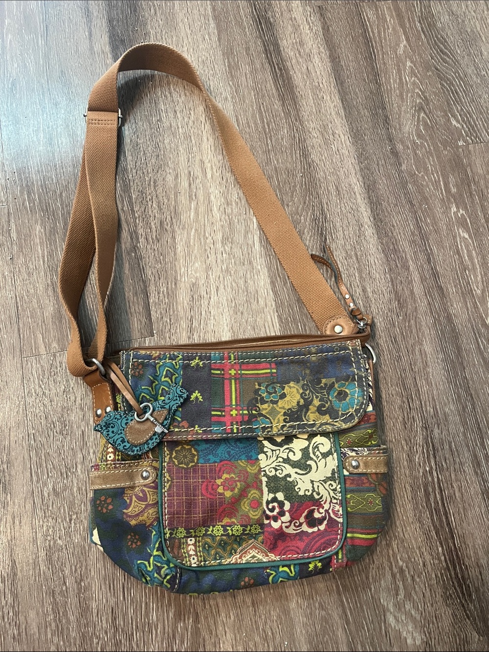 Vintage Fossil Patchwork Quilted Crossbody Bag with Brown Strap